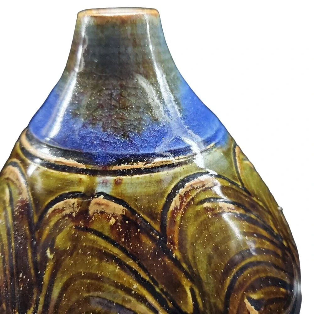 Fine Art Pottery Vase Eckles Brown Blue Olive Squat‎ Vessel Studio Ceramic Retro